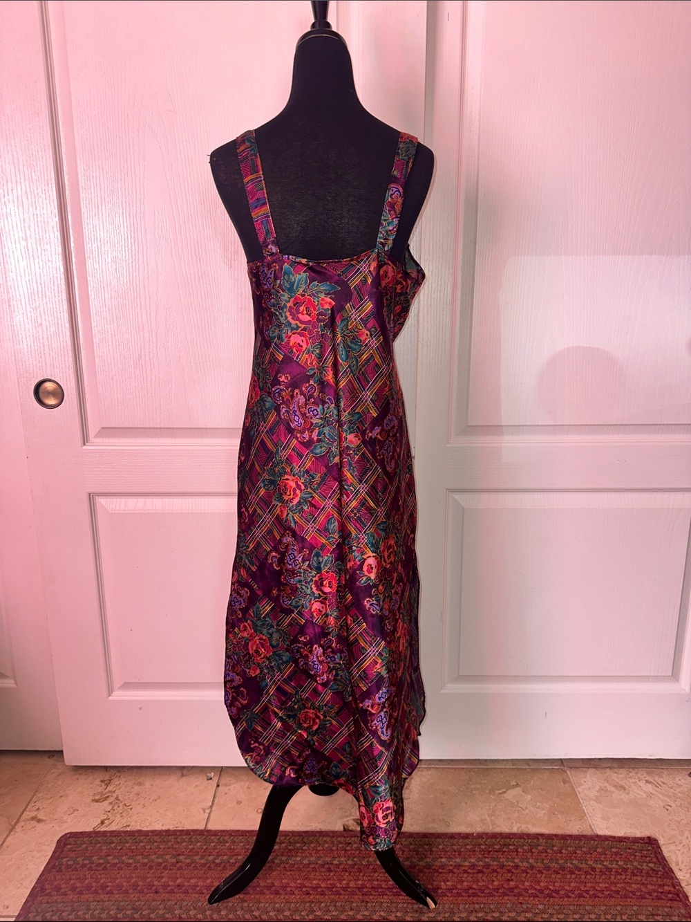 VTG CALIFORNIA DYNASTY PLAID Floral Satin Slip Dress in Deep Purple - Picture 2 of 5